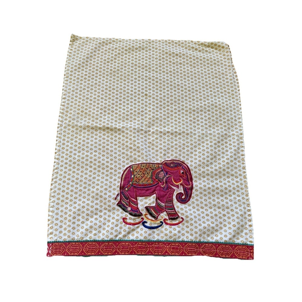 Embroidered Pink Elephant Kitchen Tea Towel Red Geometric Trim 19"x25